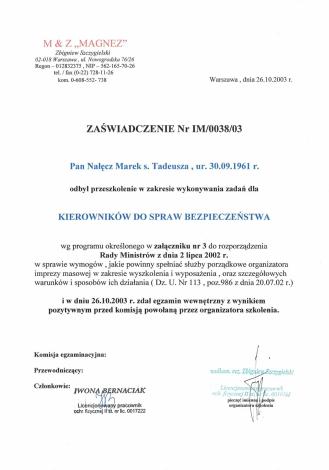 Zaświadczenie - Kierownik do spraw bezpieczeństwa